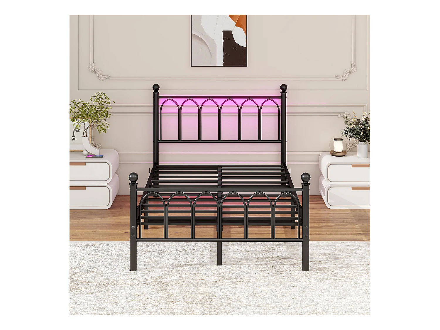 Cama 120x200 cm cabezal y pie de metal vintage LED USB almacenaje negro