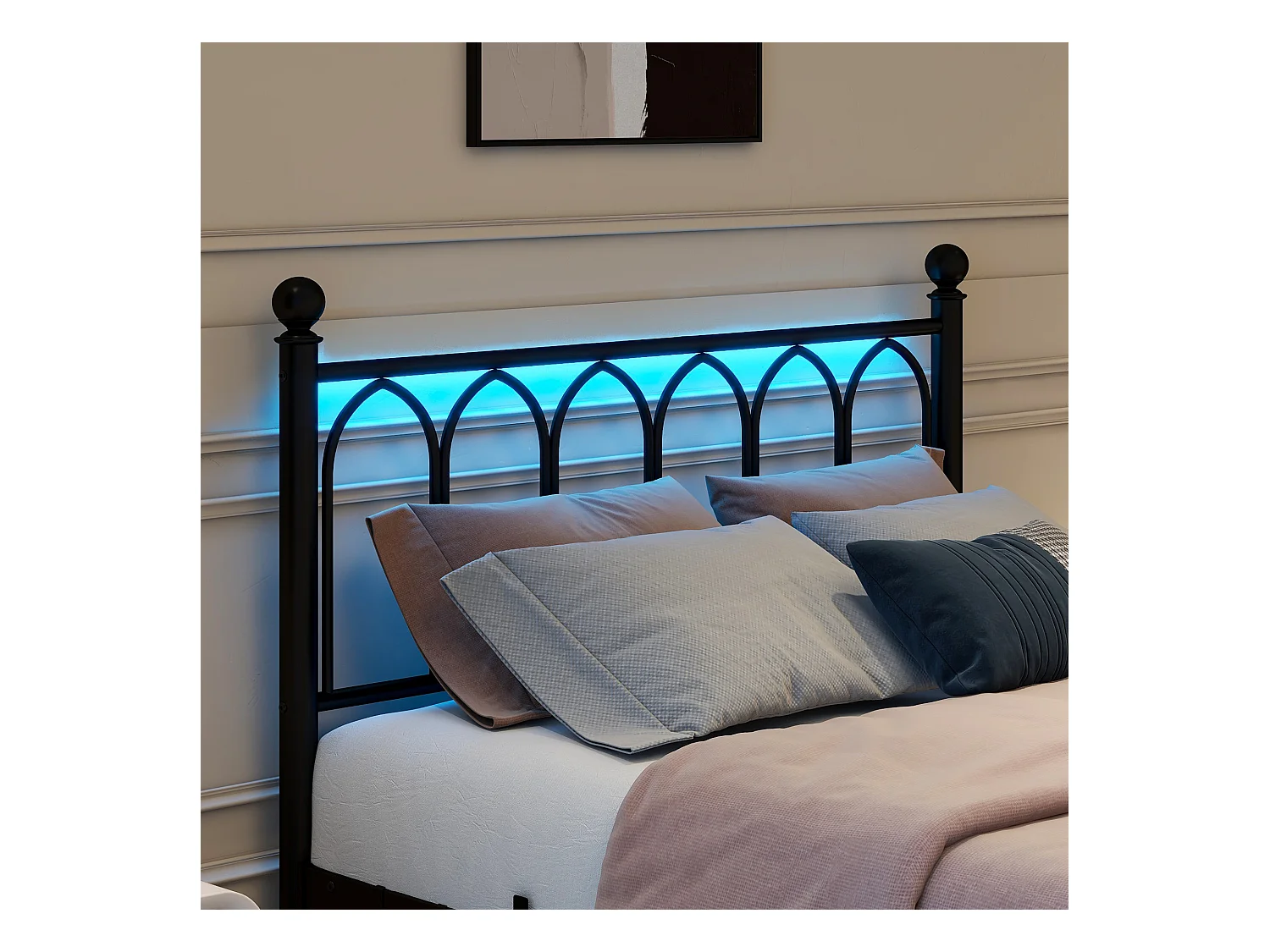 Cama 120x200 cm cabezal y pie de metal vintage LED USB almacenaje negro