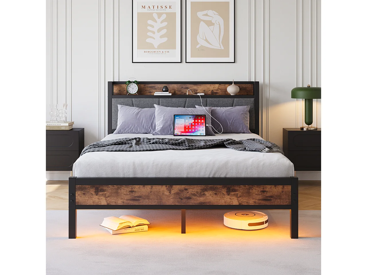 Lit 140x200 métal tête rangements LED USB sous lit gris silencieux