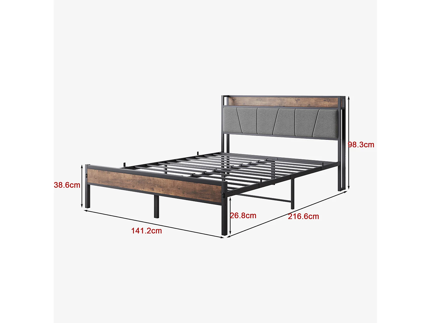 Lit 140x200 métal tête rangements LED USB sous lit gris silencieux