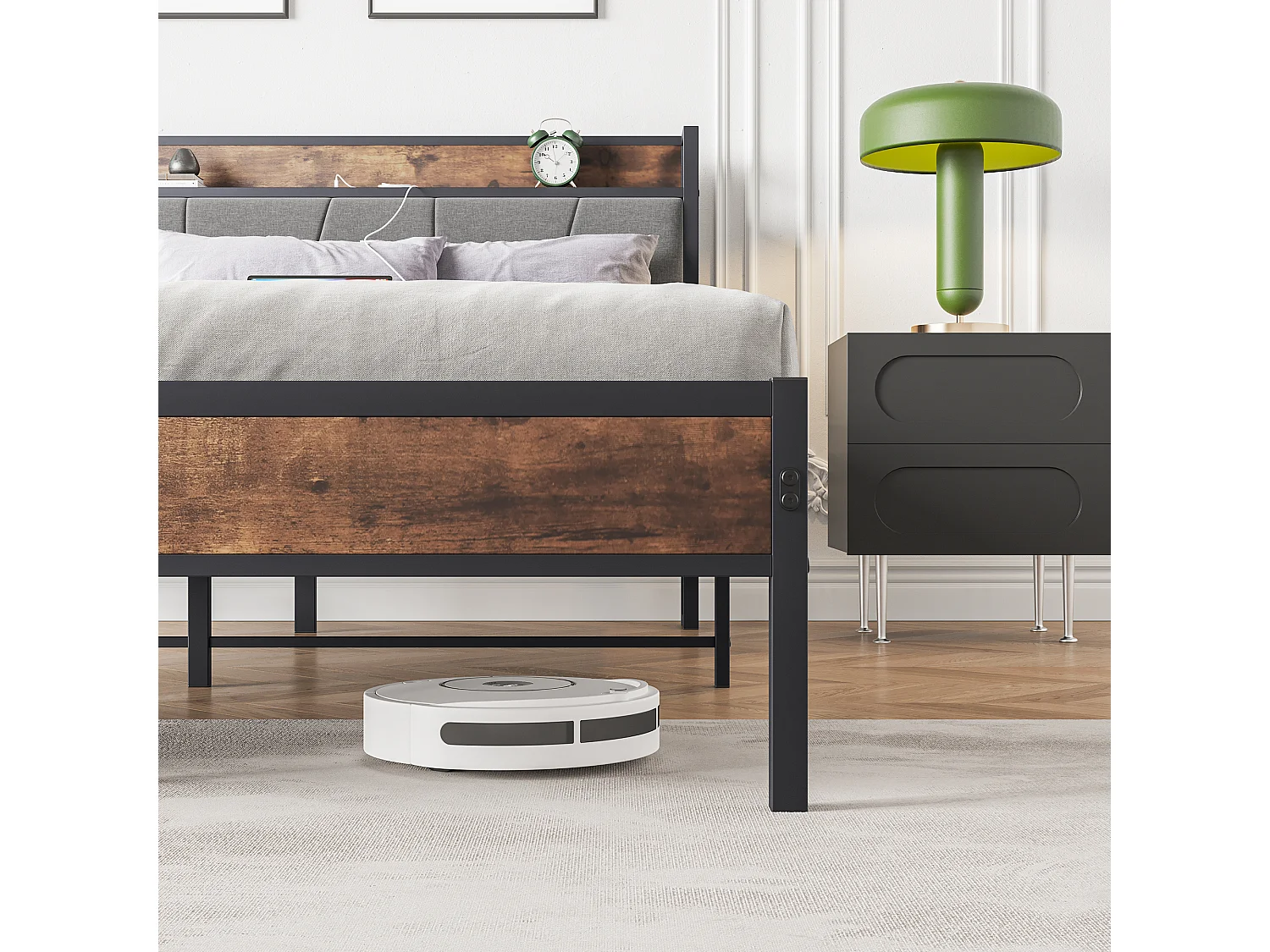 Lit 140x200 métal tête rangements LED USB sous lit gris silencieux