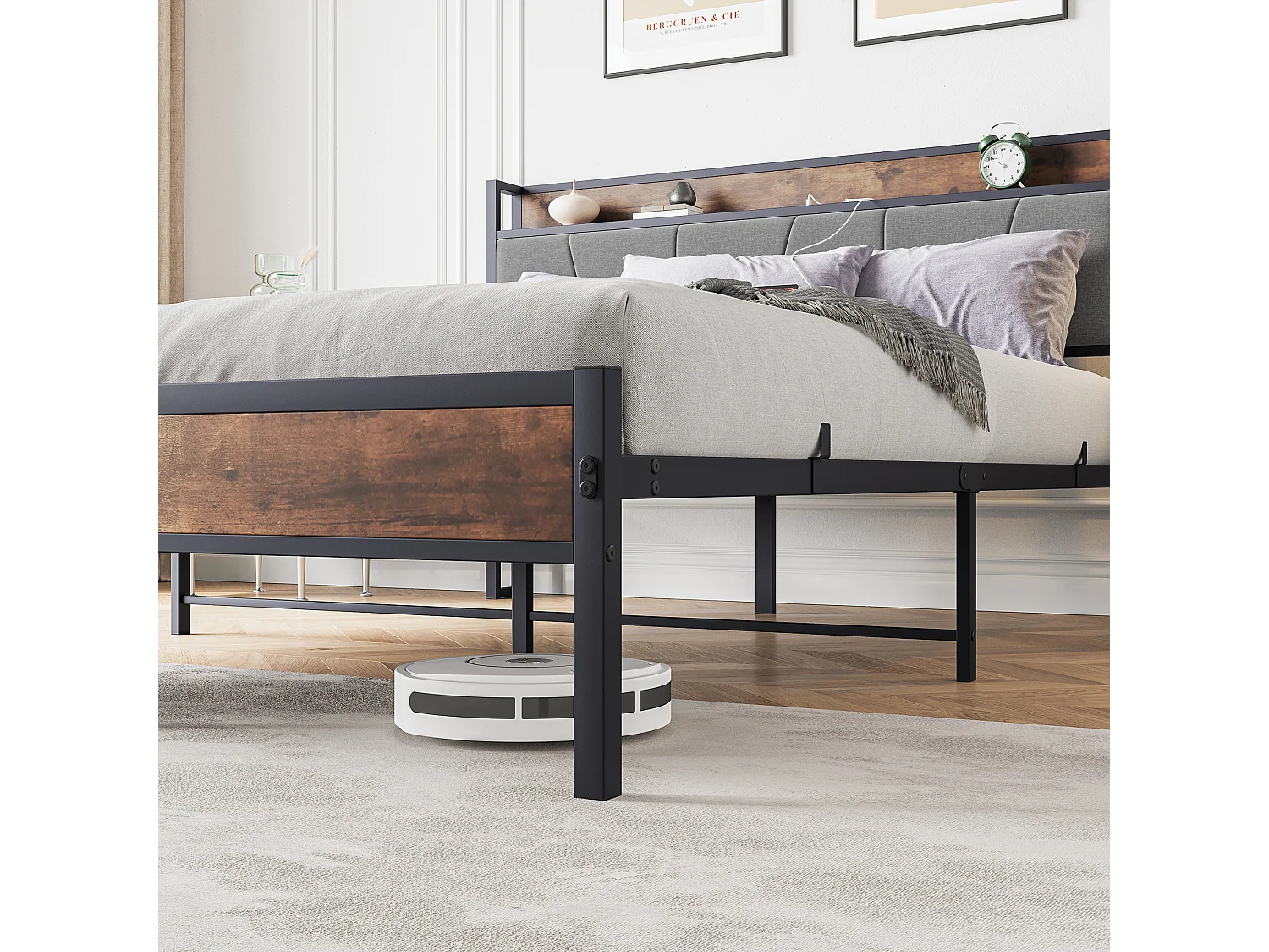 Lit 140x200 métal tête rangements LED USB sous lit gris silencieux