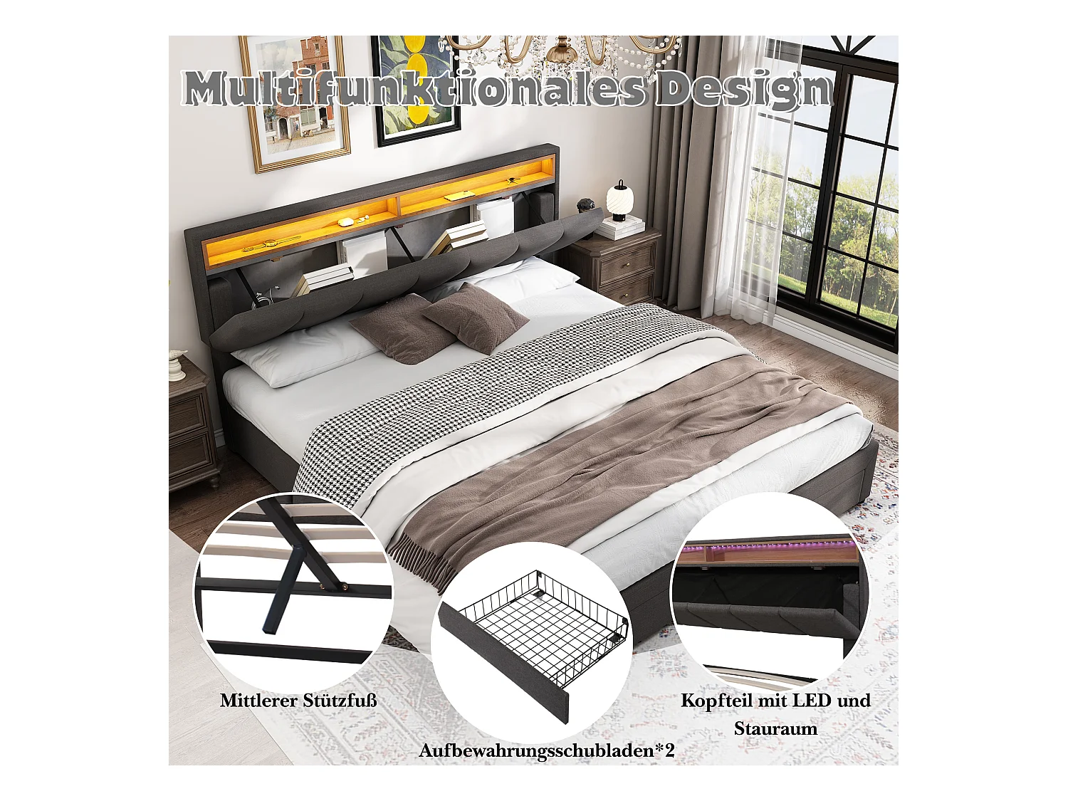 Cama de casal 180x200 cm em linho com LED e caixa de arrumação hidráulica cinza