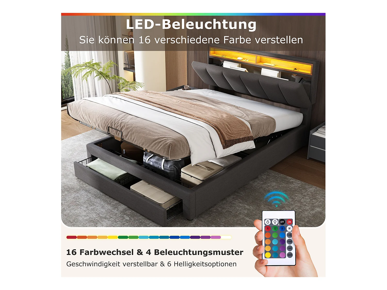 Cama de casal 180x200 cm em linho com LED e caixa de arrumação hidráulica cinza