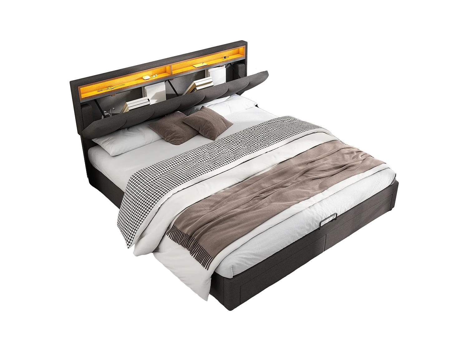 Cama de casal 180x200 cm em linho com LED e caixa de arrumação hidráulica cinza