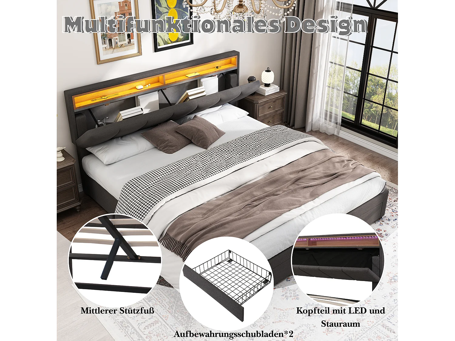 Cama de matrimonio 180x200 cm en lino con LED y cajón hidráulico gris.