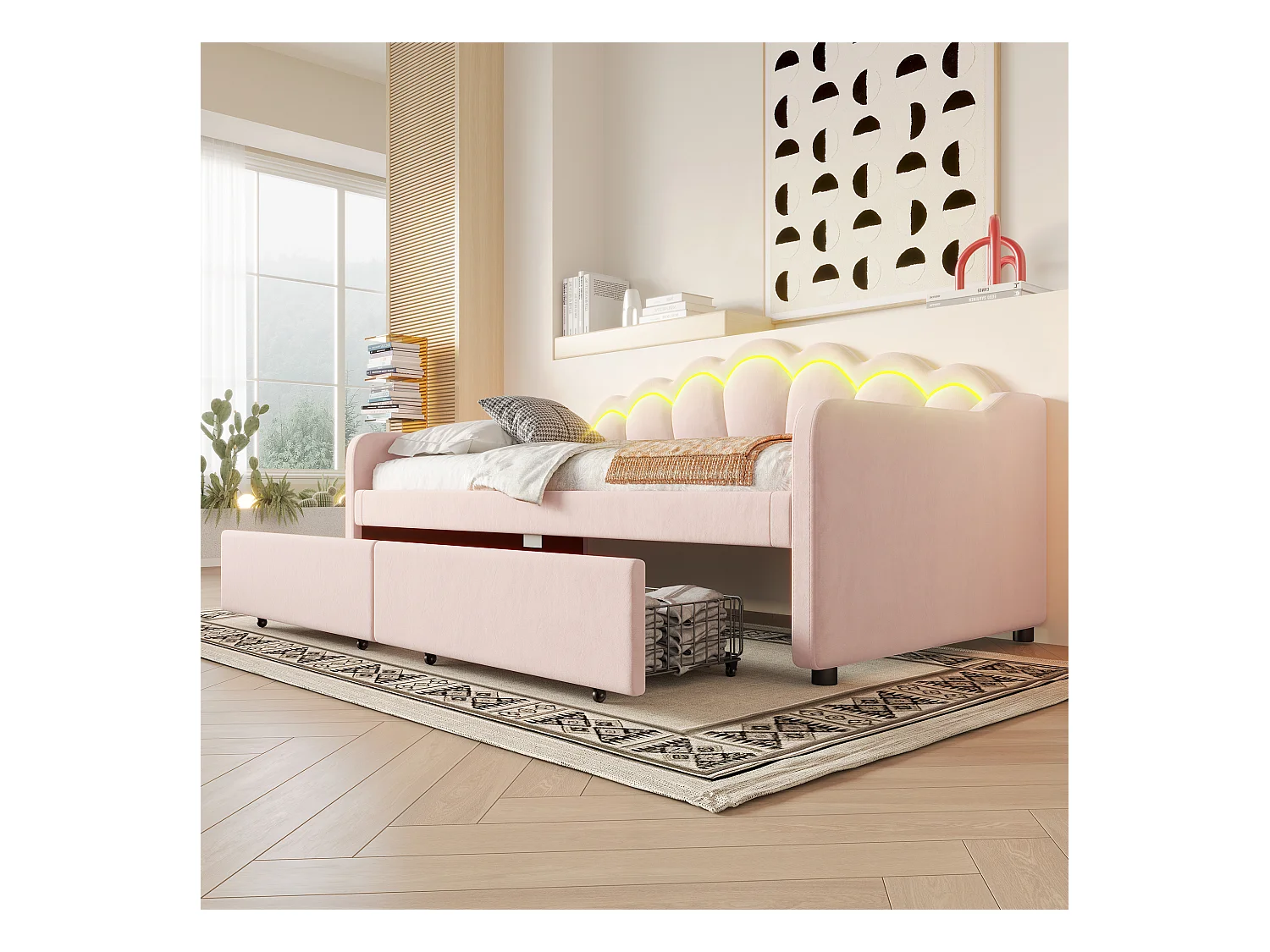 Gigante illuminato 90x200 cm in velluto rosa con LED multicolore e cassetti integrati, canapé convertibile