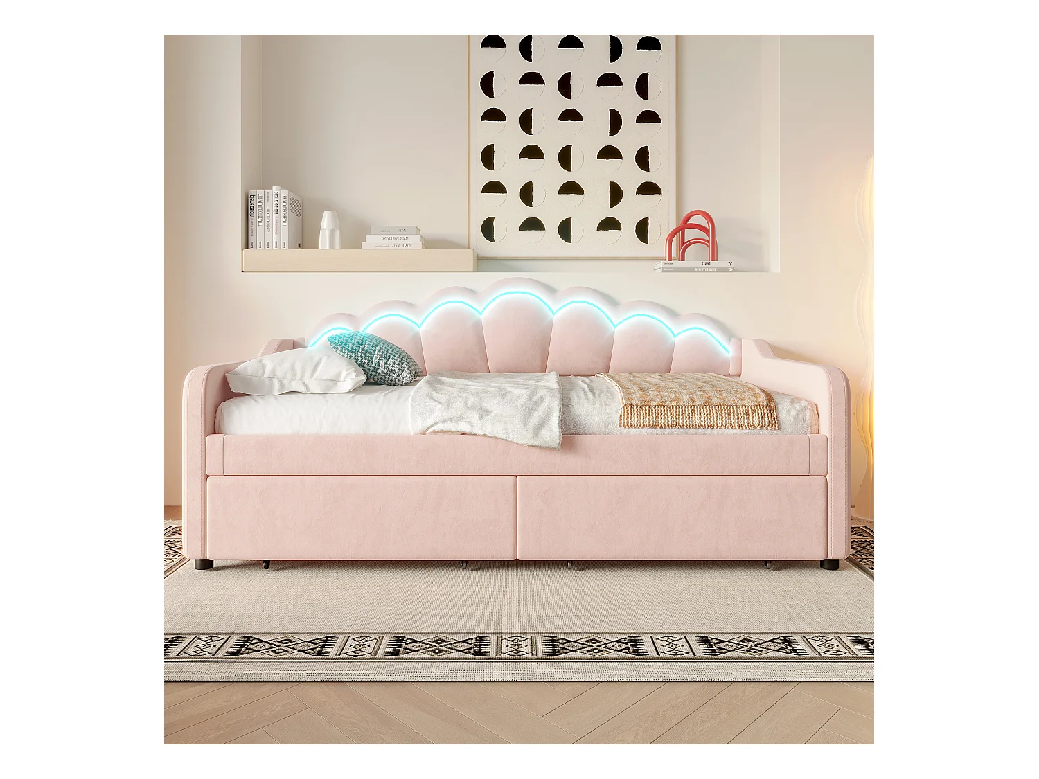 Gigante illuminato 90x200 cm in velluto rosa con LED multicolore e cassetti integrati, canapé convertibile