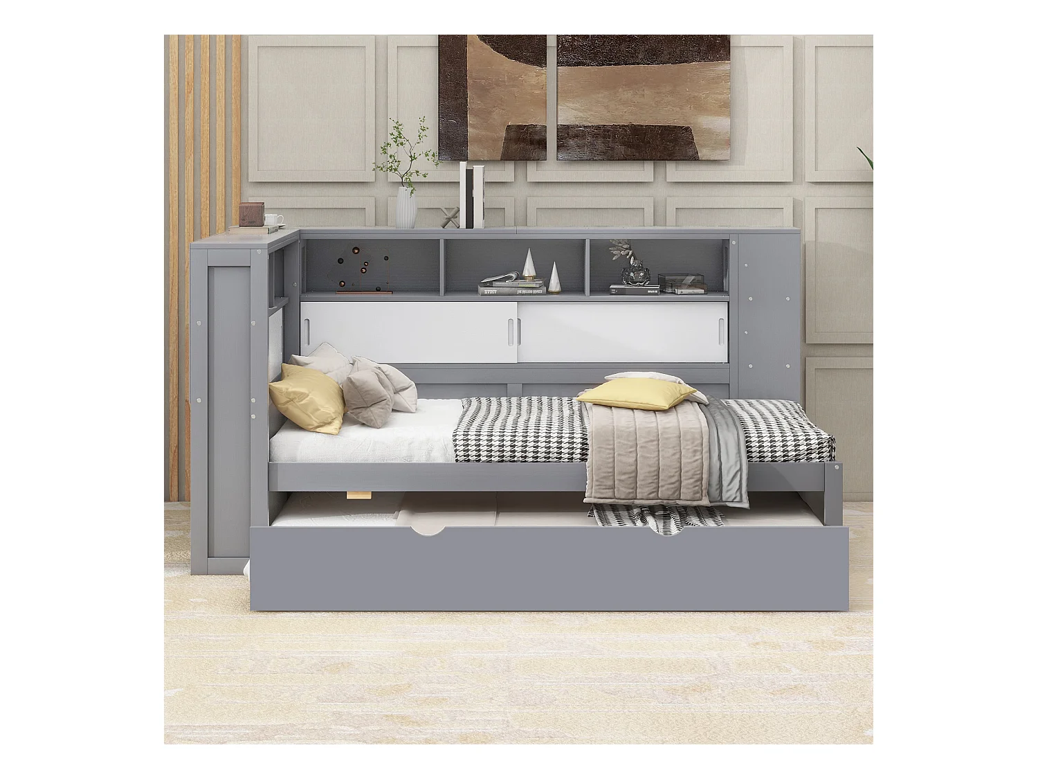 Lit enfant 90x200 cm bois avec tiroirs et lit gigogne, sans matelas, gris