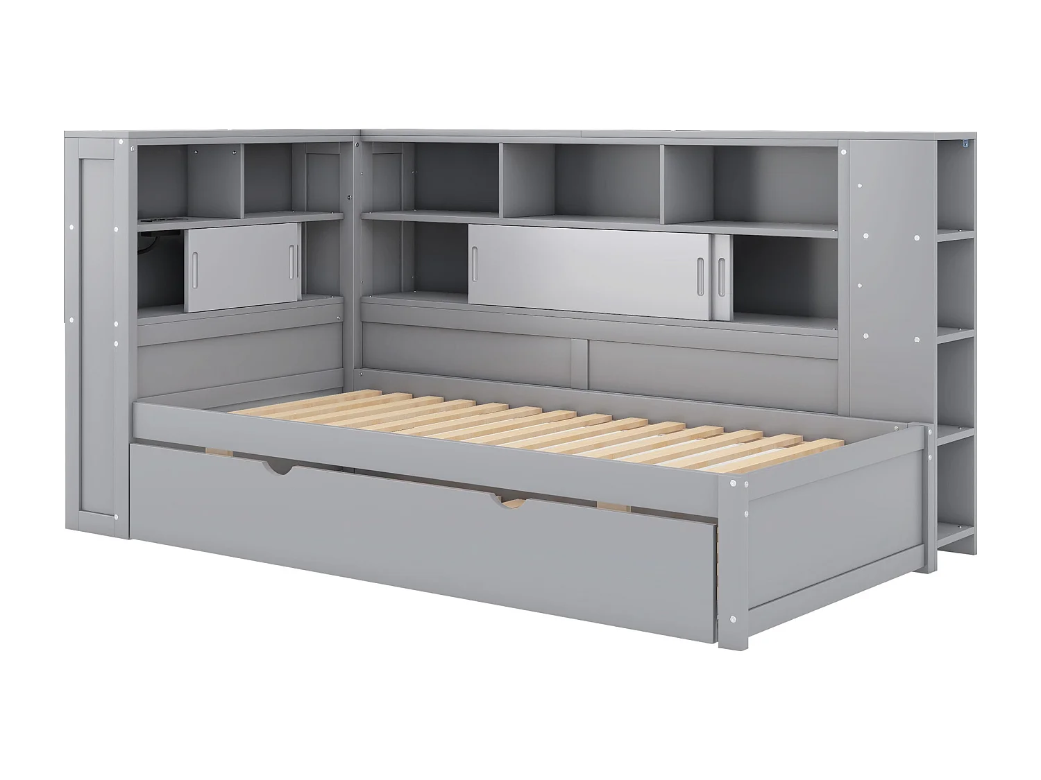 Lit enfant 90x200 cm bois avec tiroirs et lit gigogne, sans matelas, gris