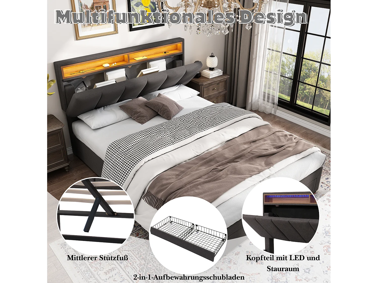 Cama de matrimonio 140x200 cm en lino con LED y cajón hidráulico gris.