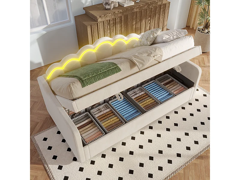 Gigante illuminato 90x200 cm in velluto beige con LED multicolore e regolazione idraulica, canapé convertibile