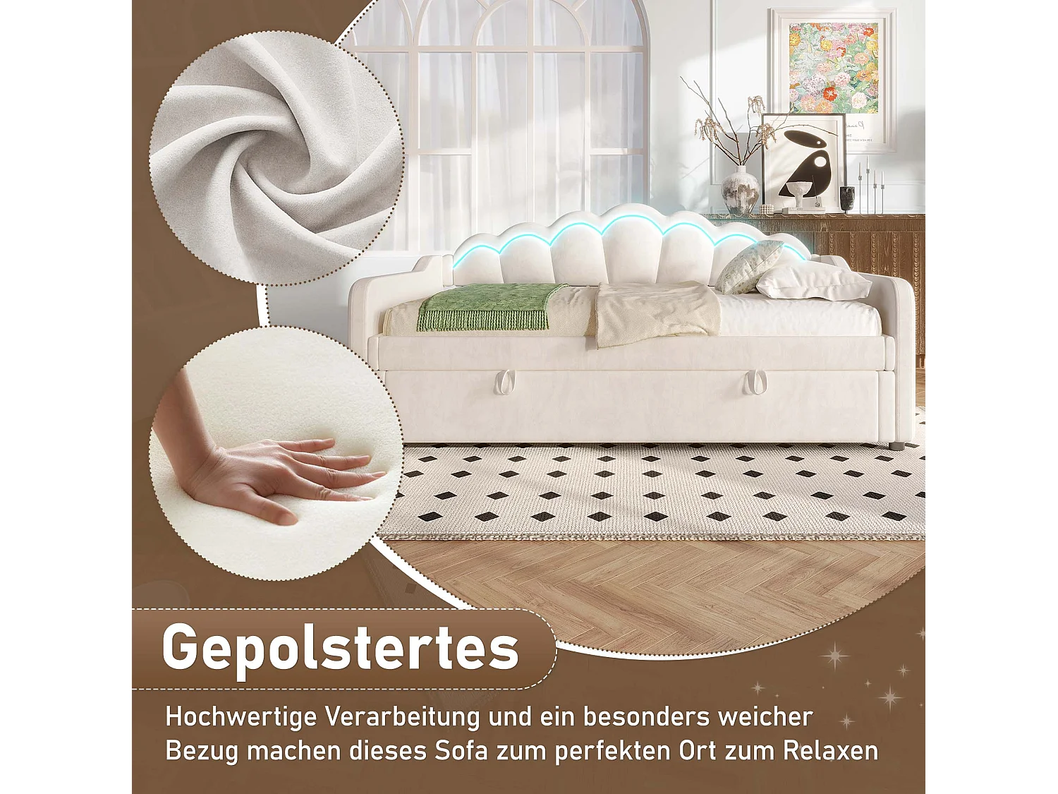 Cama nido de terciopelo beige de 90x200 cm con LED multicolor y almacenaje hidráulico, sofá convertible