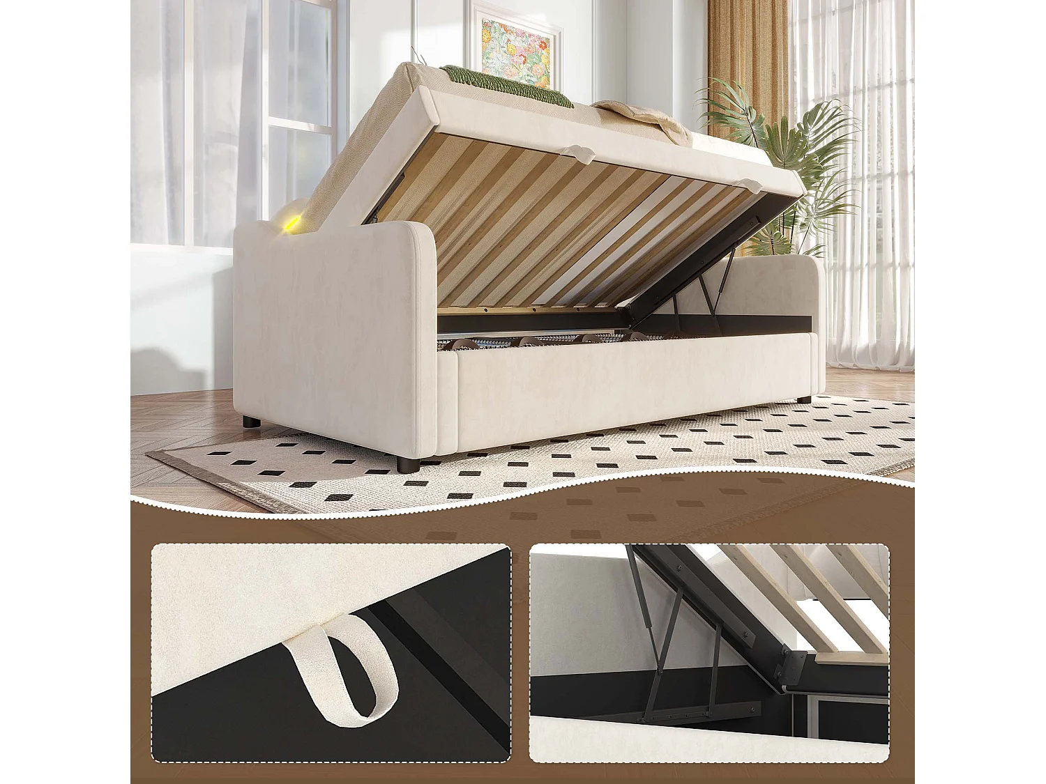 Cama nido de terciopelo beige de 90x200 cm con LED multicolor y almacenaje hidráulico, sofá convertible