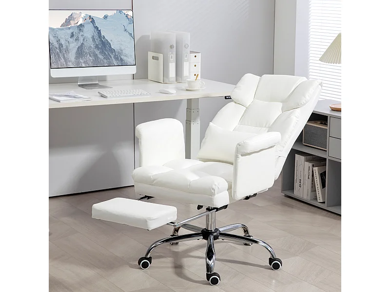 Silla de oficina ergonómica de piel sintética con respaldo reclinable y soporte lumbar, color blanco