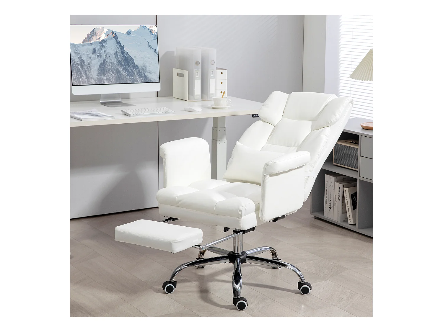 Silla de oficina ergonómica de piel sintética con respaldo reclinable y soporte lumbar, color blanco