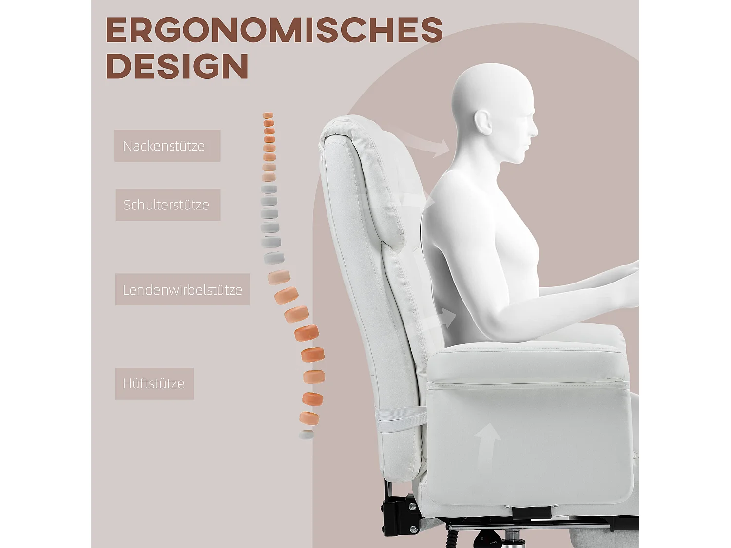 Cadeira de escritório ergonômica em couro sintético com encosto reclinável, apoio lombar, branca