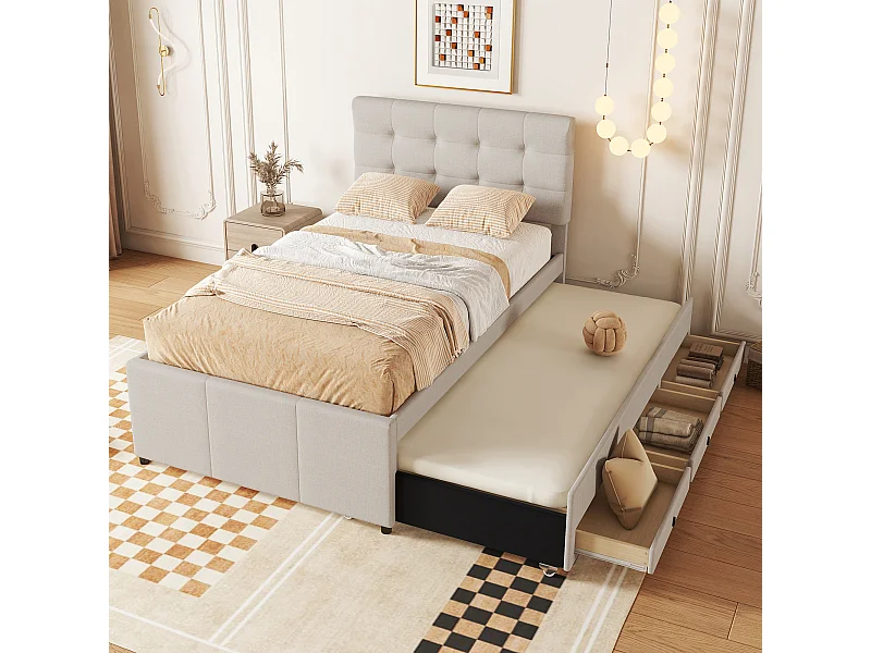 Cama de rodízio tecido 90x200 cm com 3 gavetas cabeceira regulável bege sem colchão