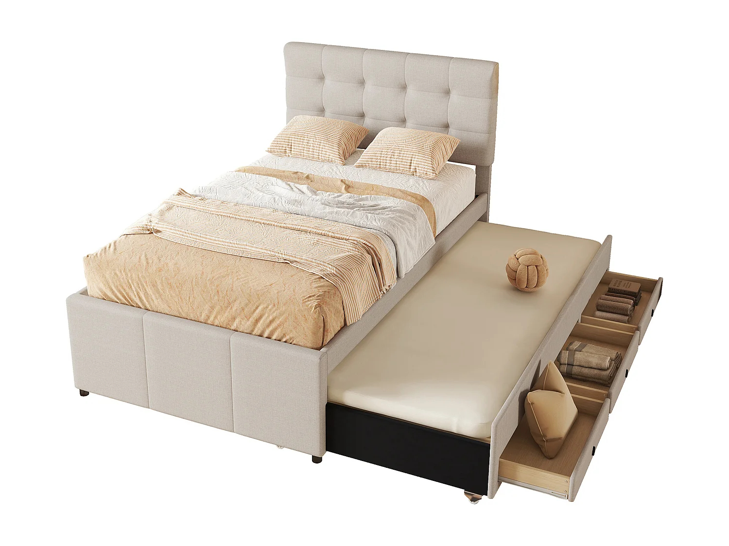 Cama de rodízio tecido 90x200 cm com 3 gavetas cabeceira regulável bege sem colchão