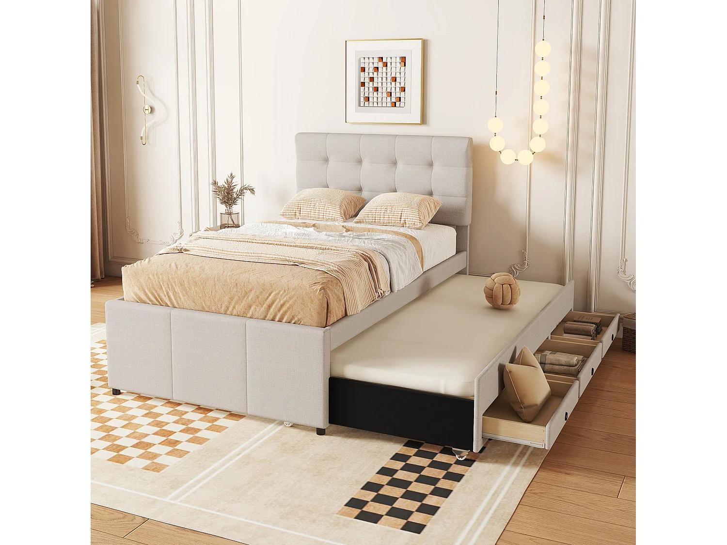 Lit gigogne tissu 90x200 cm con 3 tiroirs tête réglable beige sans matelas