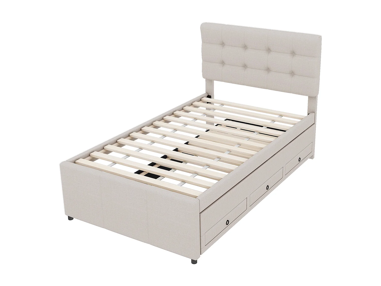 Lit gigogne tissu 90x200 cm con 3 tiroirs tête réglable beige sans matelas