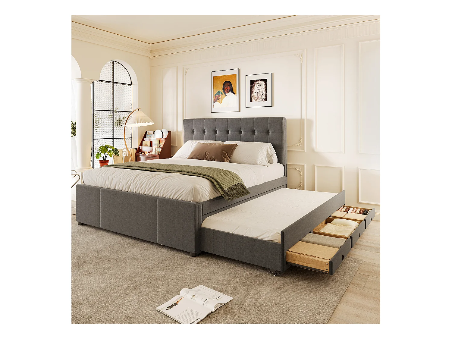 Cama de matrimonio 140x200 tela con cajones y cabecero abatible regulable gris