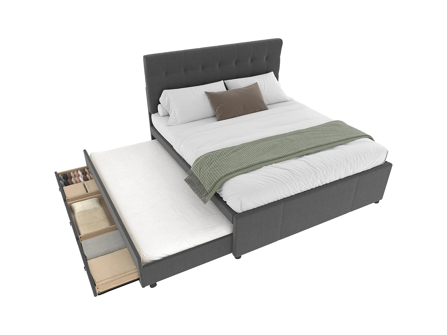 Cama de matrimonio 140x200 tela con cajones y cabecero abatible regulable gris