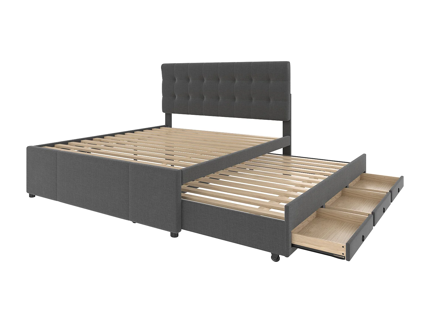 Lit double 140x200 tissu avec tiroirs et lit escamotable tête réglable gris