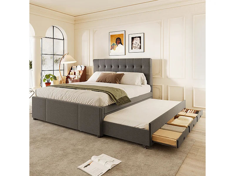 Lit double 140x200 tissu avec tiroirs et lit escamotable tête réglable gris