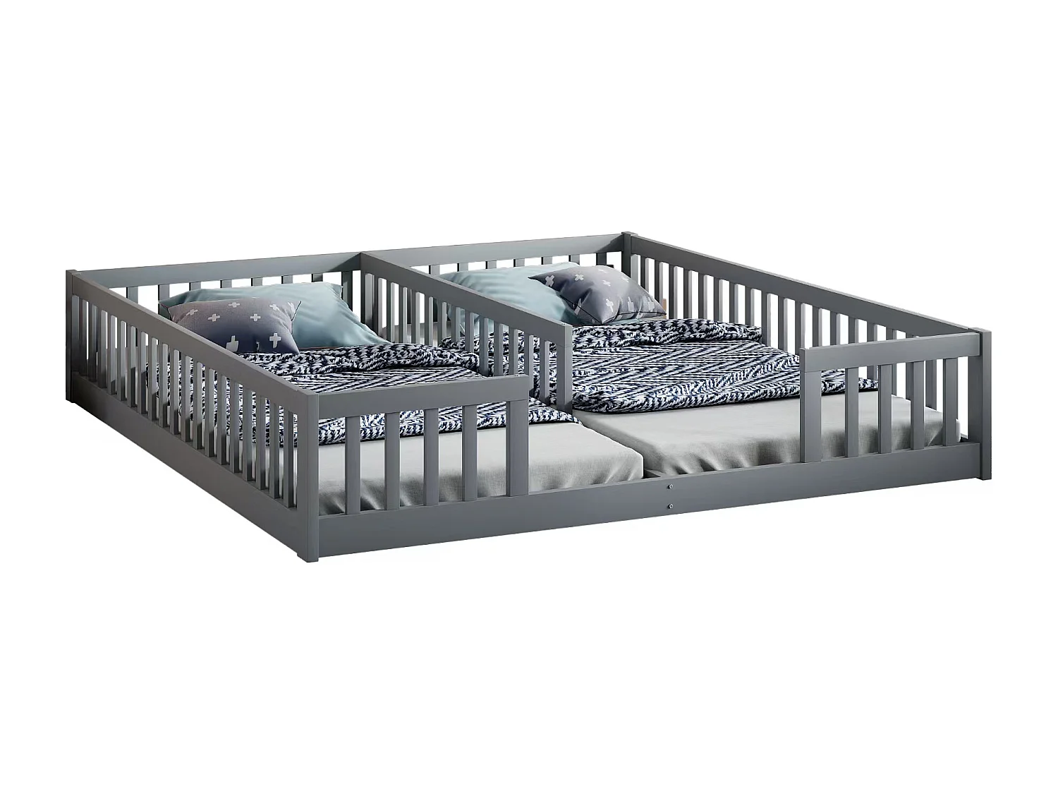 Cama infantil 90x200 cm con barrera y base de madera maciza para 2 niños gris