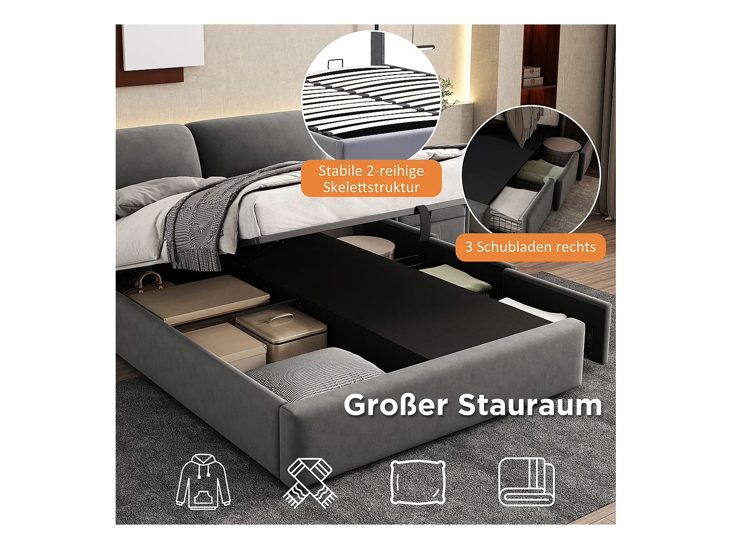 Lit double 140x200 grigio in velluto con cassetto idraulico, cassetti e tête de lit