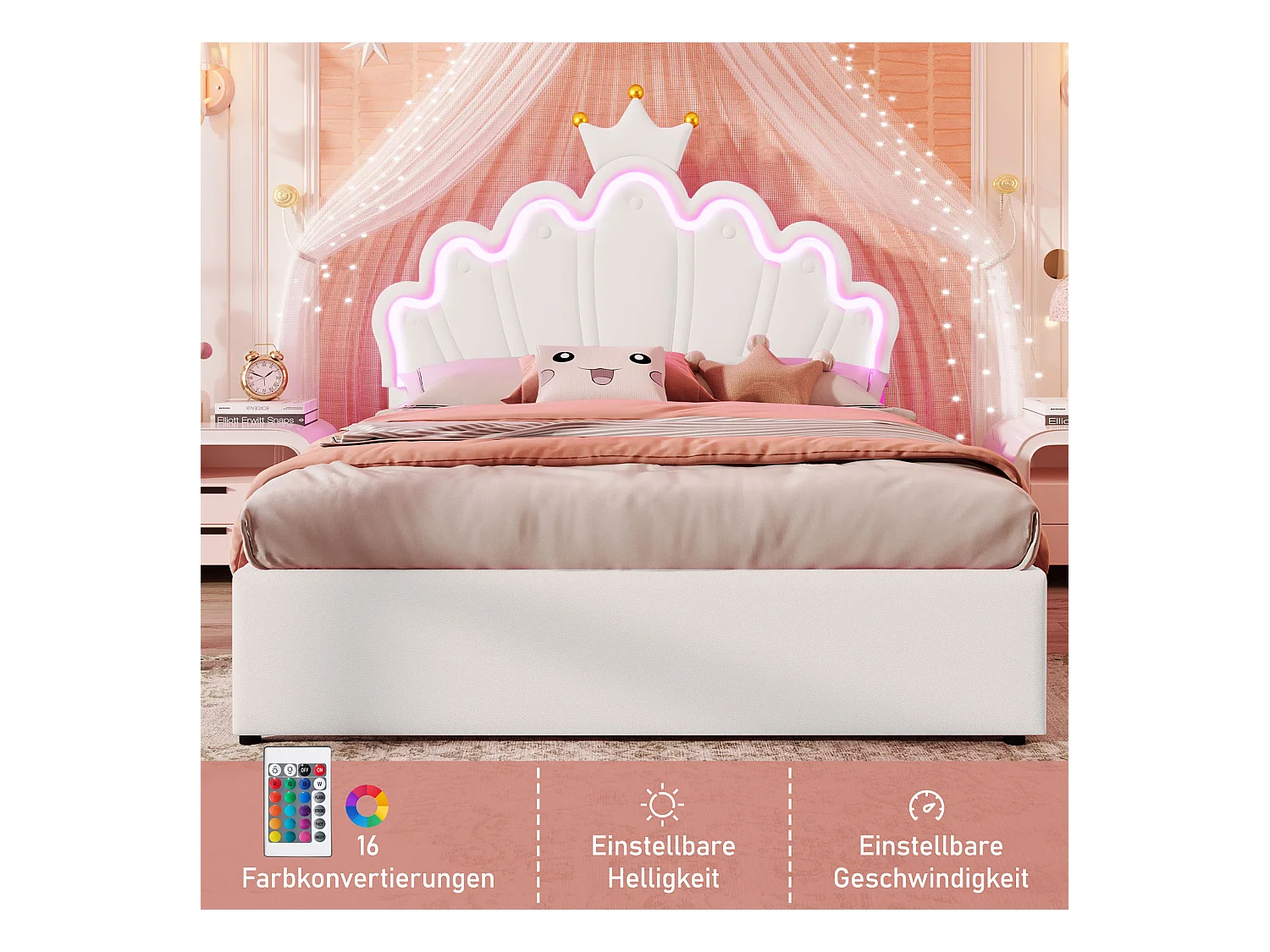 Lit enfant 140x200 cm PU con LED télécommandée, tiroirs et tête réglable blanc