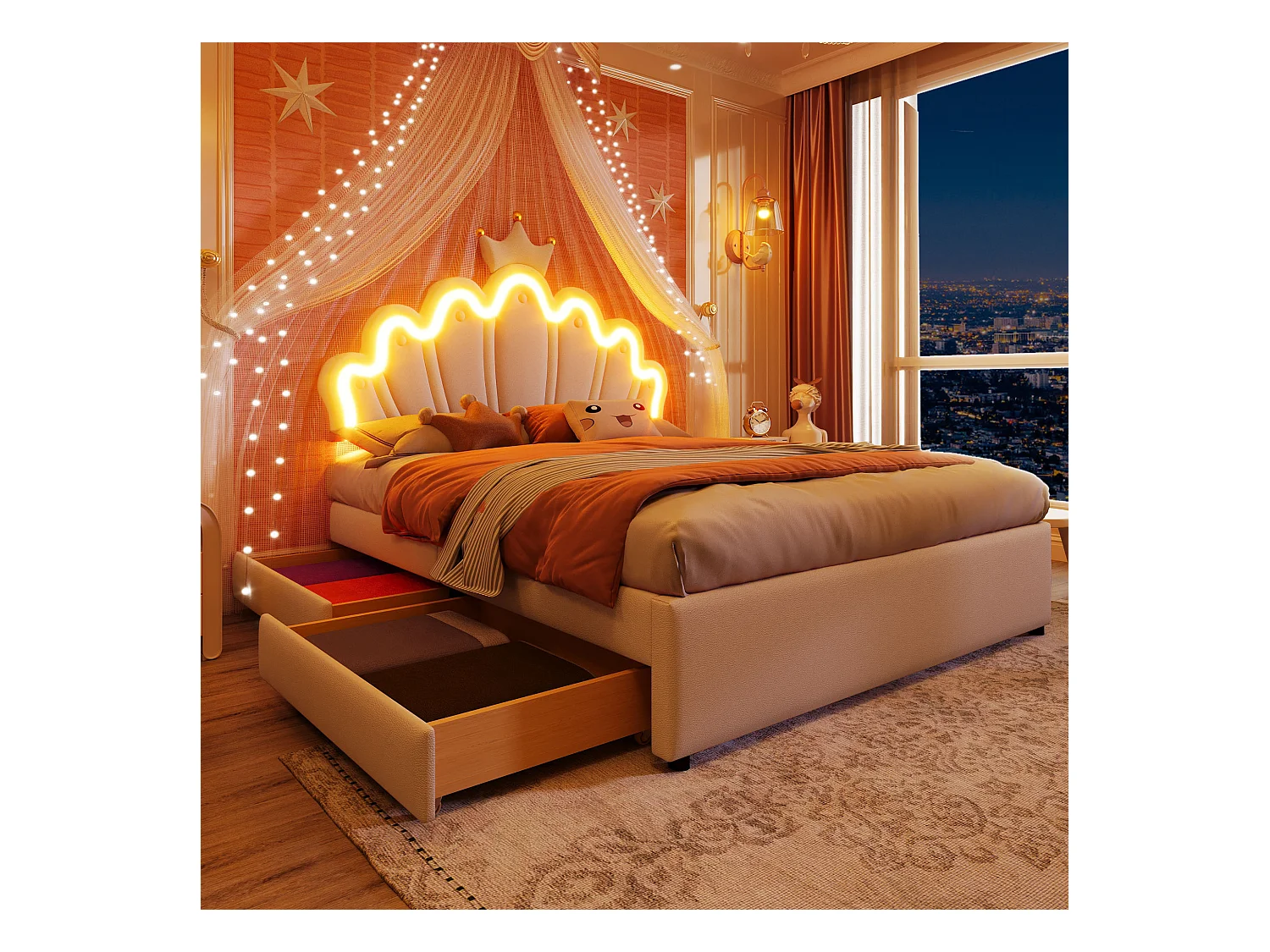 Lit enfant 140x200 cm PU con LED télécommandée, tiroirs et tête réglable blanc