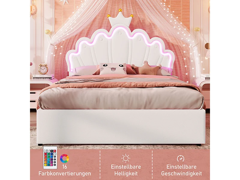 Lit enfant 140x200 cm PU con LED télécommandée, tiroirs et tête réglable blanc
