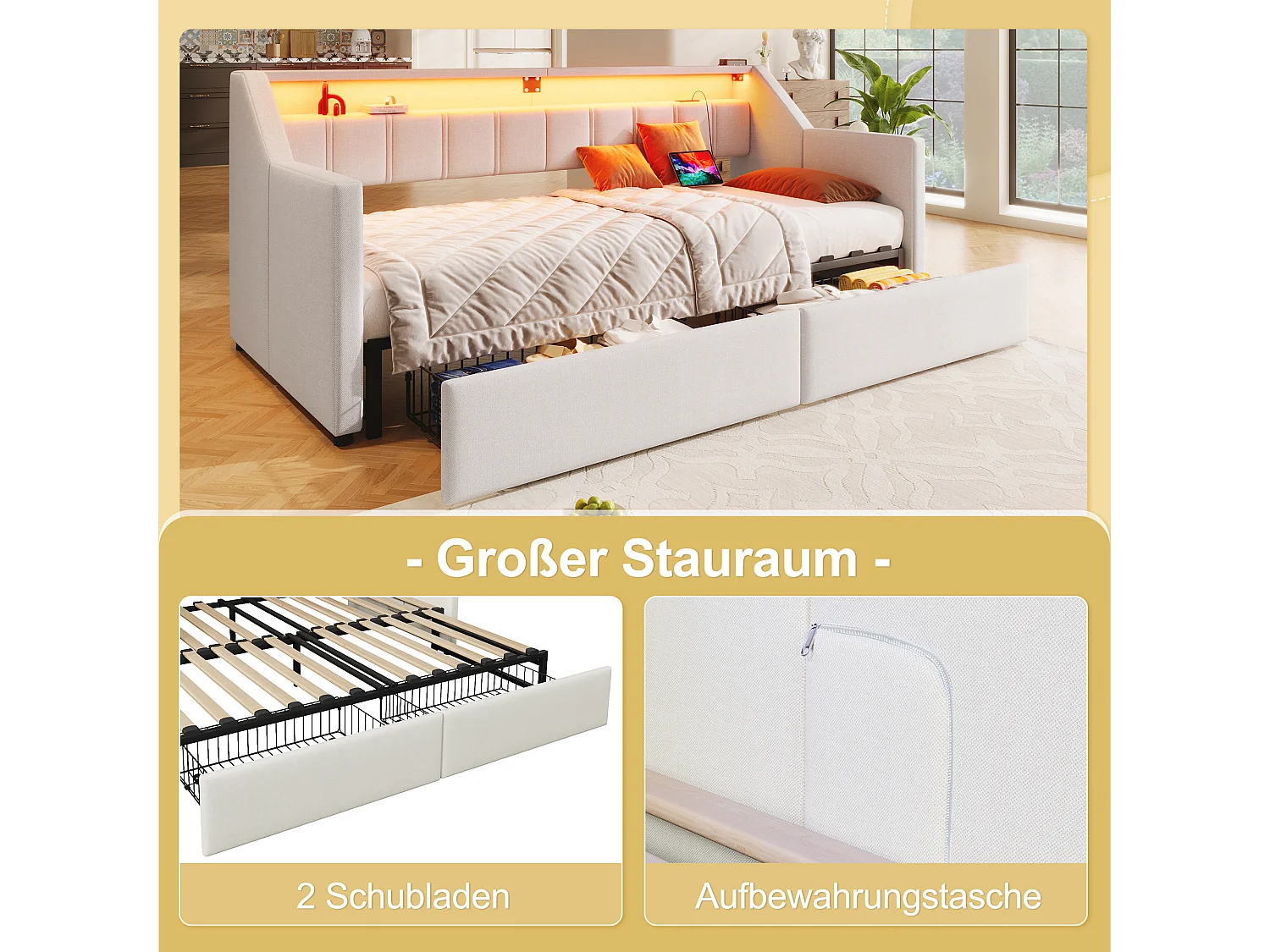 Daybed 90x200 tessuto beige LED USB Type-C 2 posizioni Gamma Allungabile multifunzione