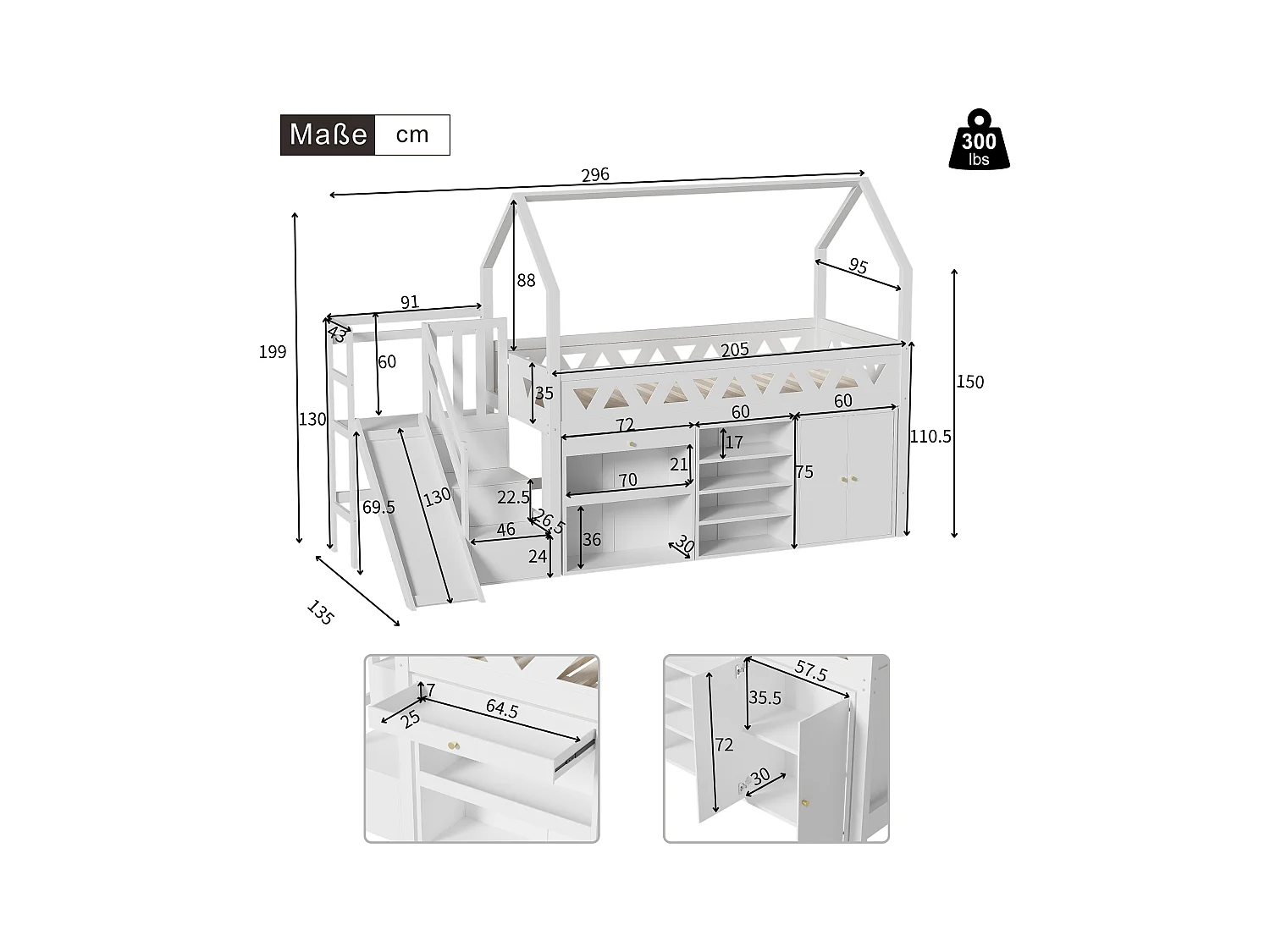 Cama infantil 90x200 blanca en madera maciza con tobogán, cajones y almacenaje