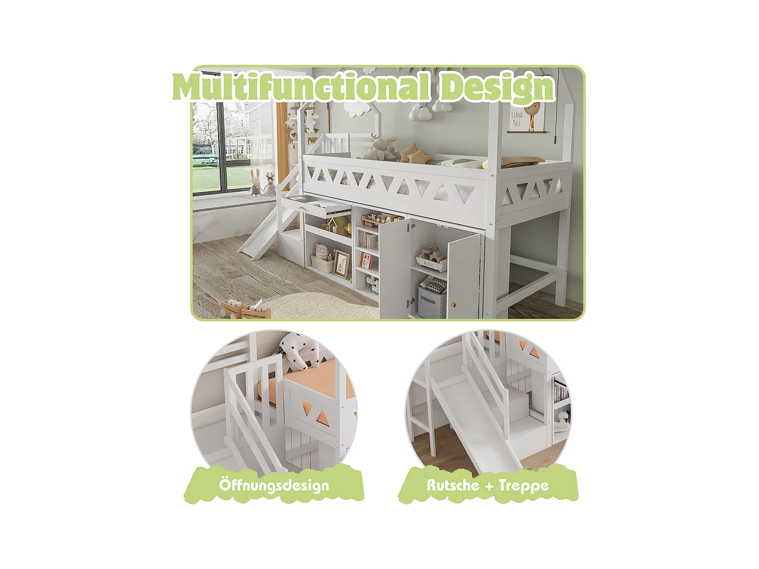 Cama infantil 90x200 blanca en madera maciza con tobogán, cajones y almacenaje