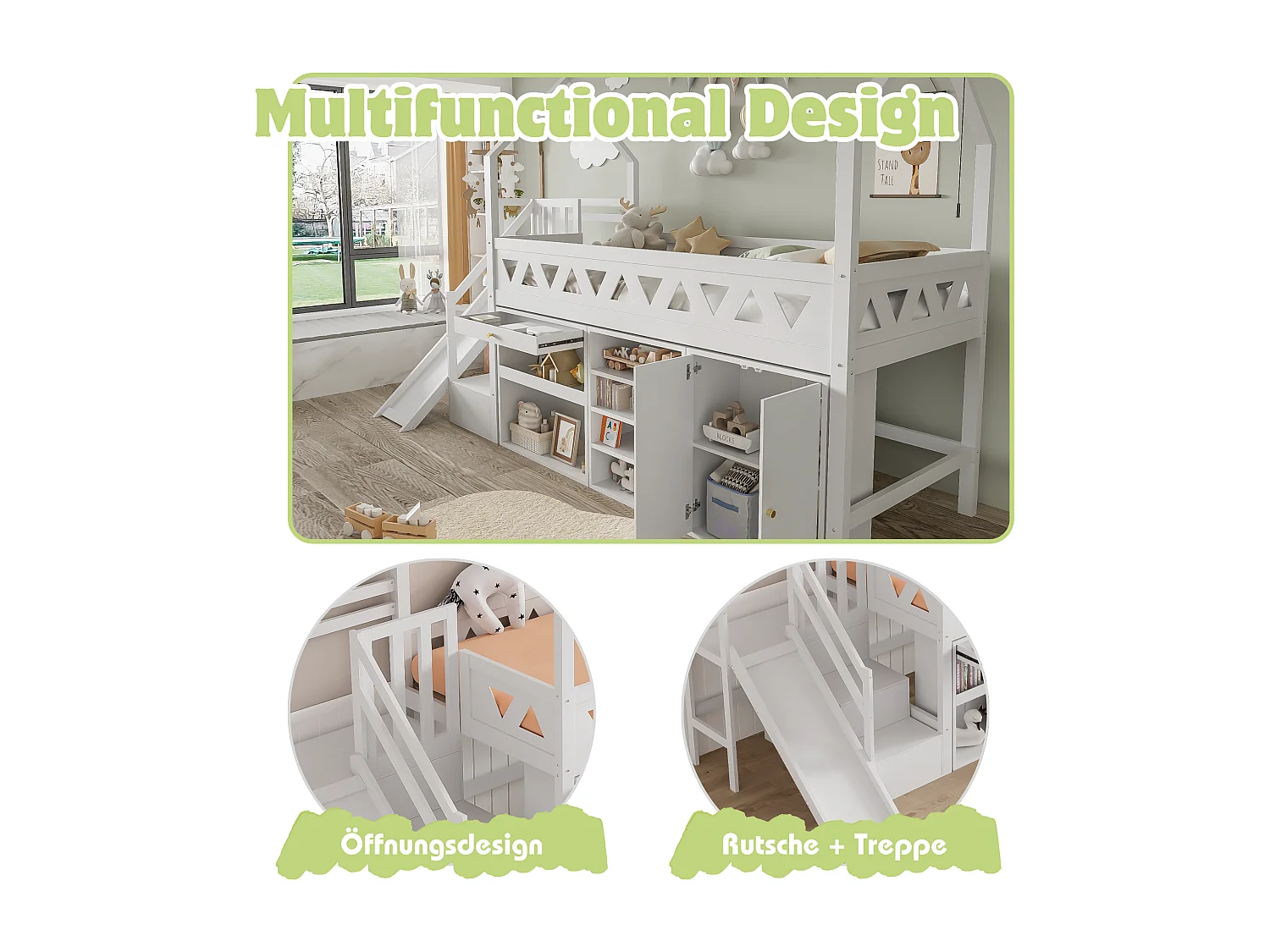 Lit enfant 90x200 blanc en bois massif avec toboggan, tiroirs et rangement