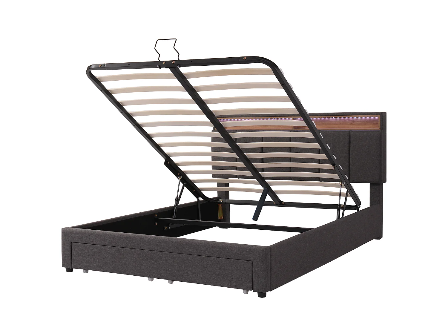 Lit double 140x190 cm lin LED rangement hydraulique tiroirs gris sans matelas