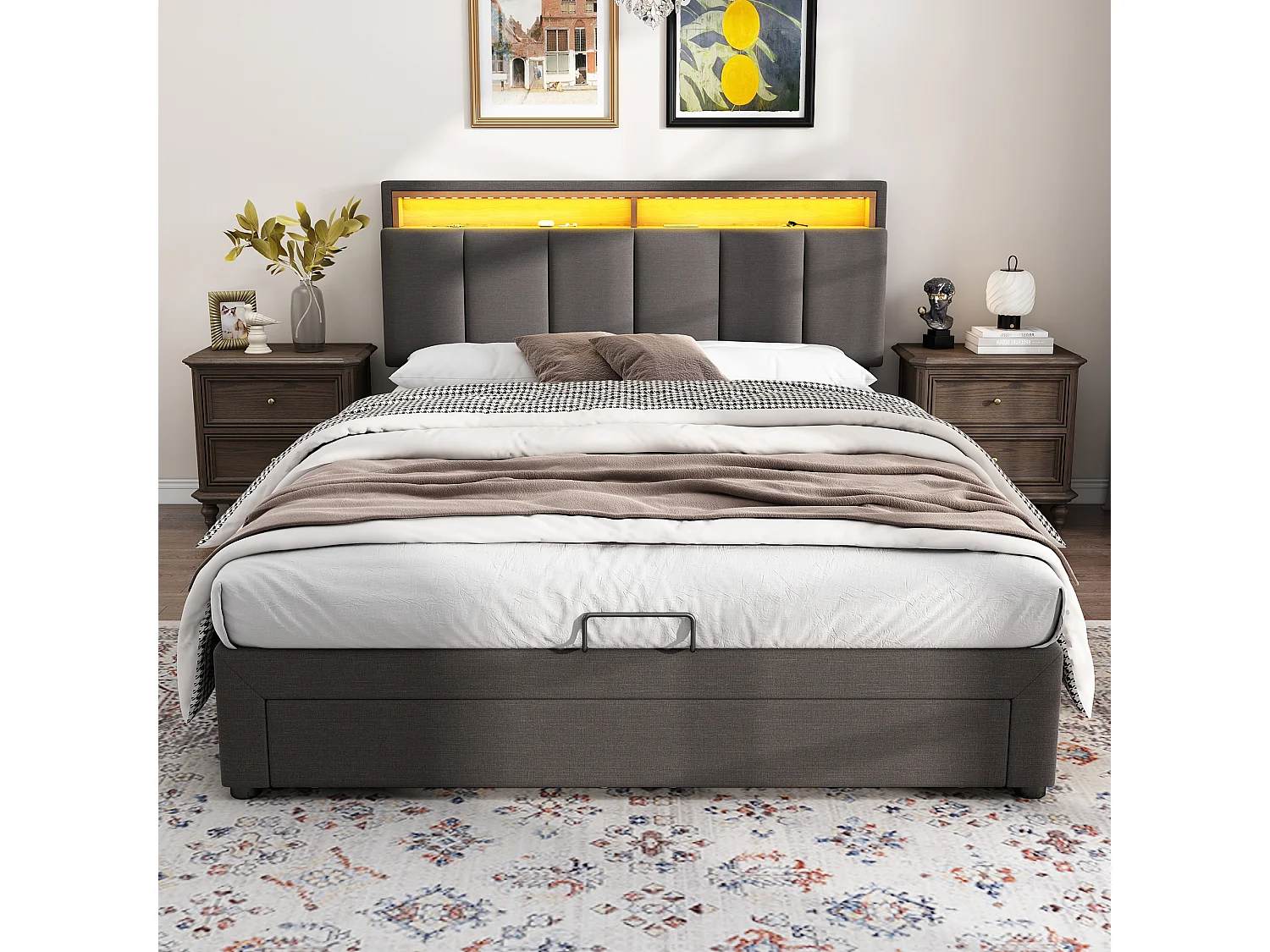 Cama doble 140x190 cm lino LED cajones hidráulicos de almacenamiento gris sin colchón