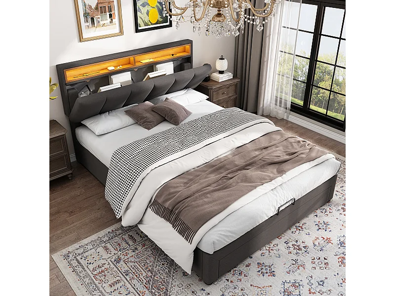 Cama doble 140x190 cm lino LED cajones hidráulicos de almacenamiento gris sin colchón