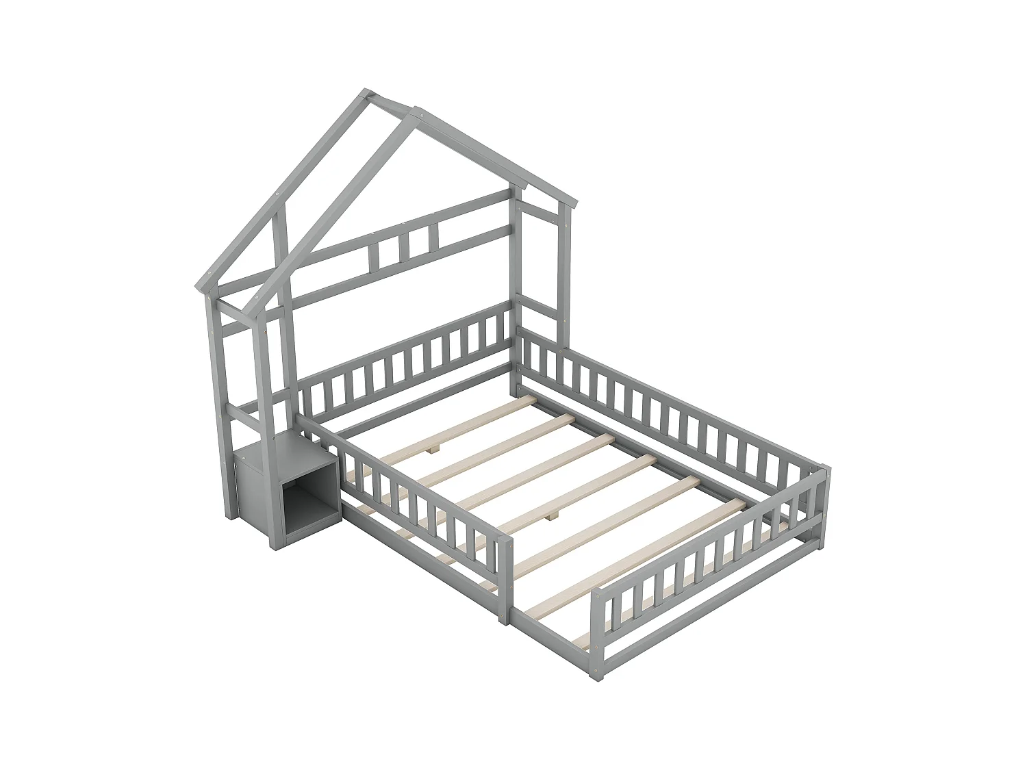 Lit enfant 140x190 maison en bois pin avec garde-corps et table de chevet gris