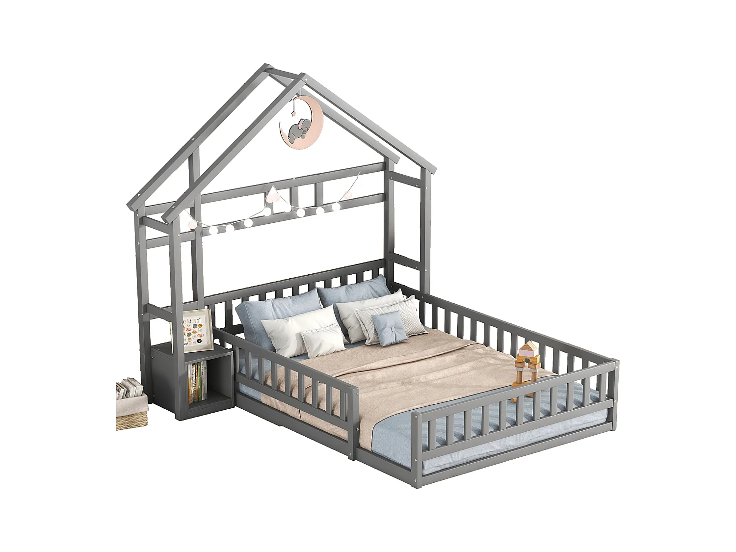 Lit enfant 140x190 maison en bois pin avec garde-corps et table de chevet gris