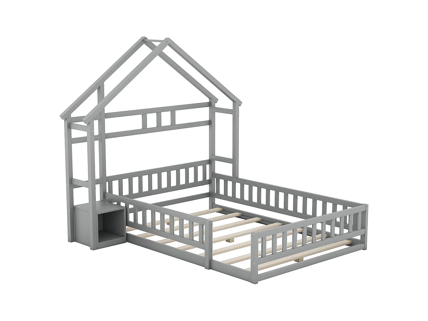 Lit enfant 140x190 maison en bois pin avec garde-corps et table de chevet gris