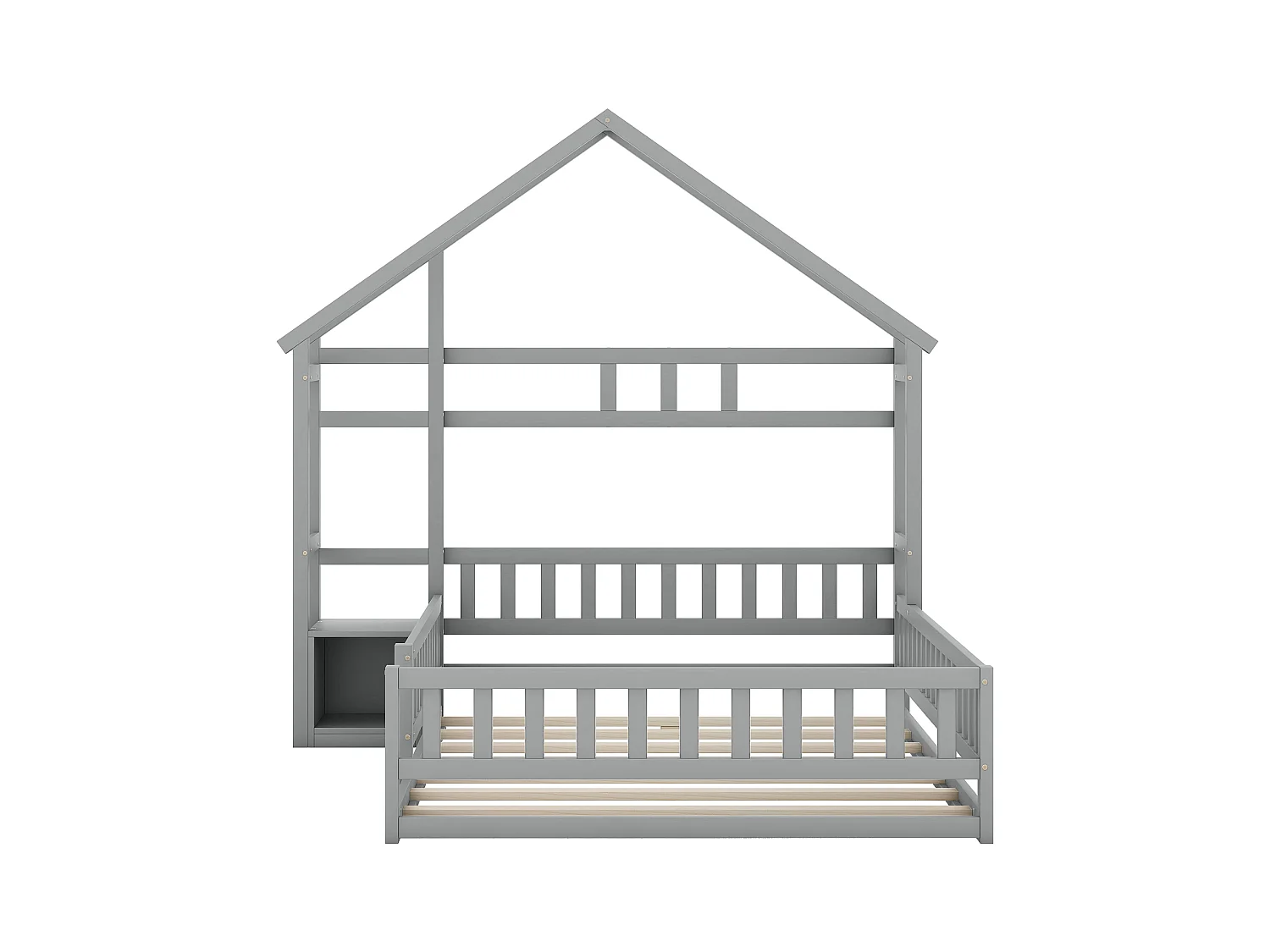 Lit enfant 140x190 maison en bois pin avec garde-corps et table de chevet gris