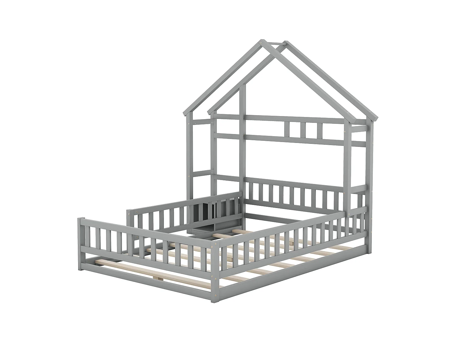 Lit enfant 140x190 maison en bois pin avec garde-corps et table de chevet gris