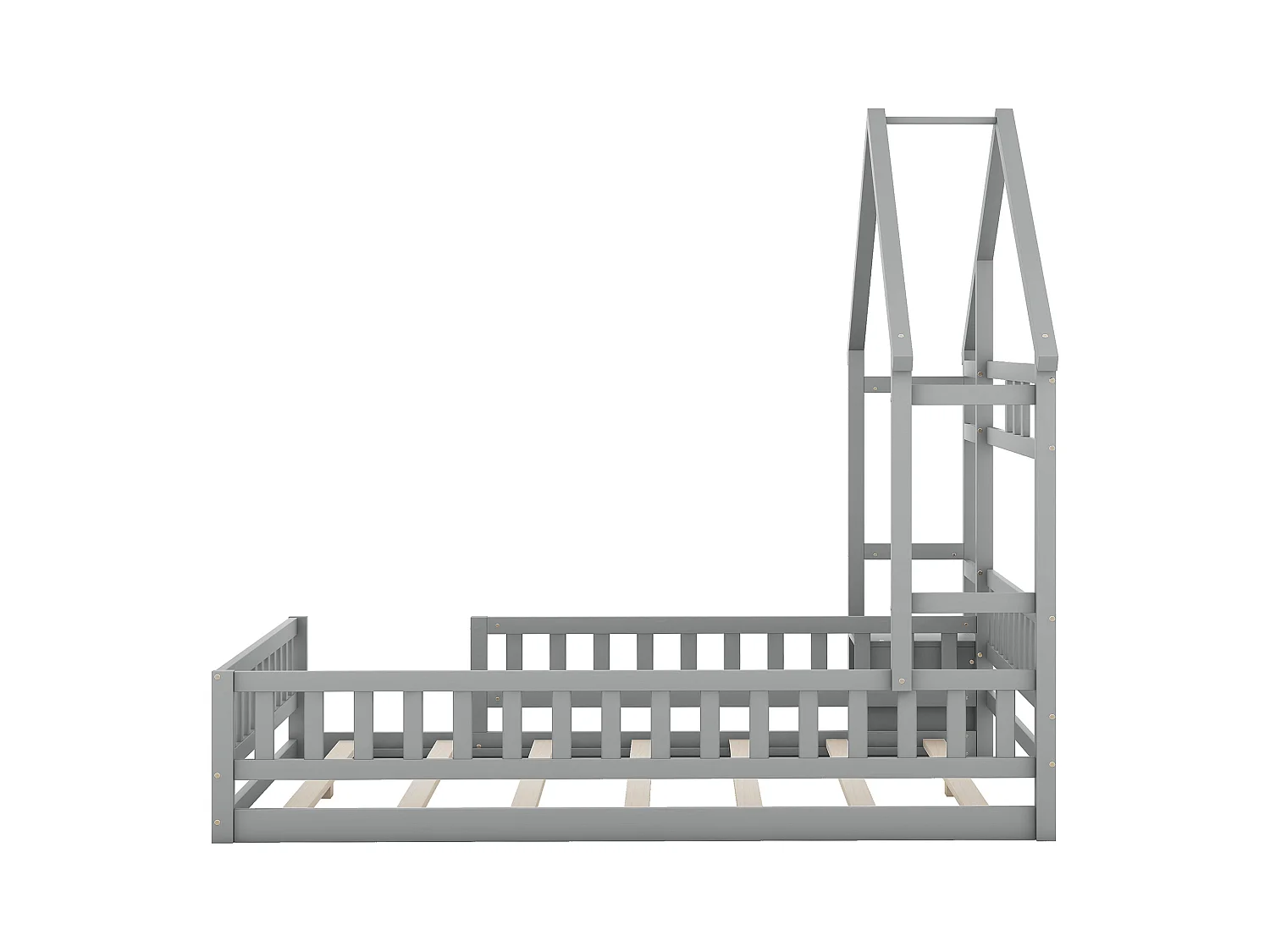 Lit enfant 140x190 maison en bois pin avec garde-corps et table de chevet gris