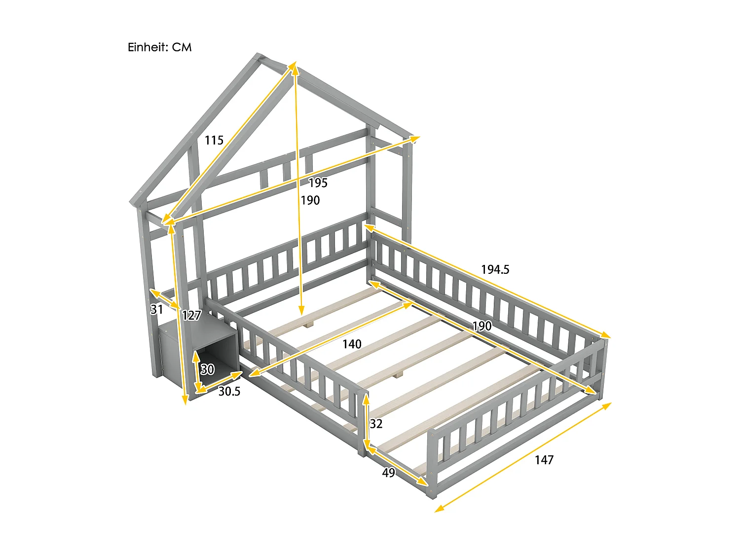 Cama infantil 140x190 casita de madera de pino con barandilla y mesita de noche gris