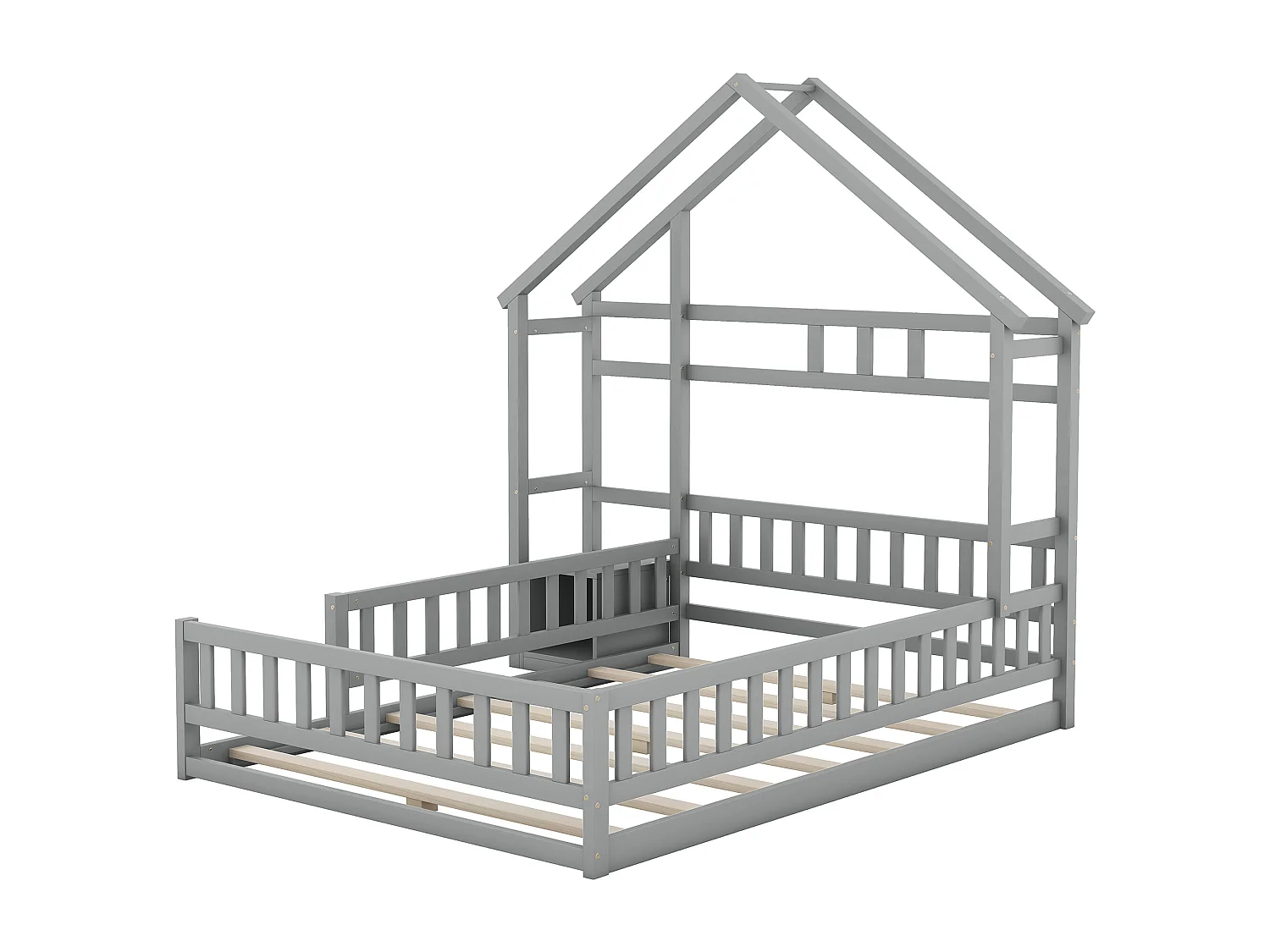 Cama infantil 140x190 casita de madera de pino con barandilla y mesita de noche gris