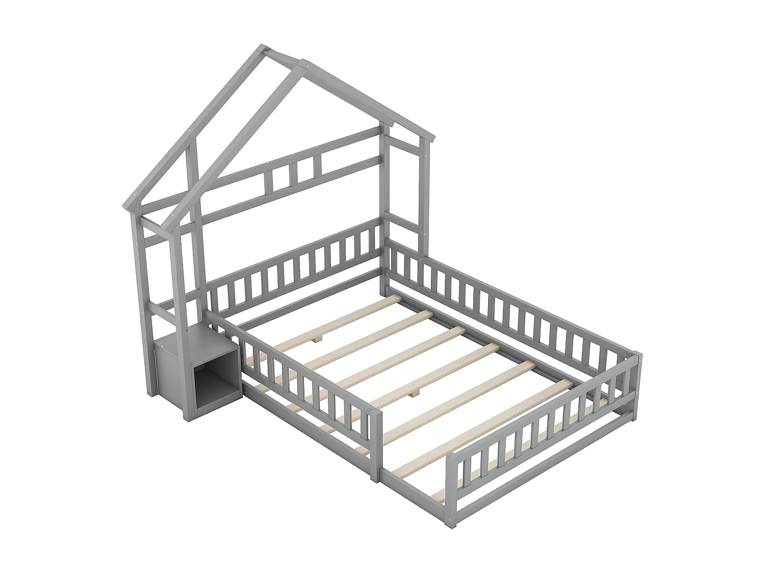 Cama infantil 140x190 casita de madera de pino con barandilla y mesita de noche gris